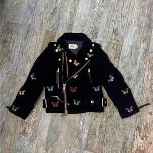 LOLA + THE BOYS moto jacket with Butterfly appliqués